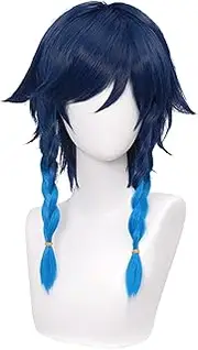 (Dark Blue) - SL Navy Blue Wig for Venti Genshin Impact 2 Tone Anime Cosplay Hair Wigs with Braids Ponytails Bangs + Cap (Dark Blue)