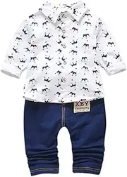 [Generic] Baby Ties for Boys Long Toddler Boy Baby Tops+ Denim Shirt Set Crown Pants Kids Pattern Sleeve Boys Outfits&Set Boys Sweat Suit