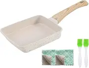 Japan-Style Square Omelet Pans - Nonstick Pan, Rectangle Egg Frying Pan, Omelet Pan, Wooden Handle, PFOS & PFOA Free (18x15cm) (White)