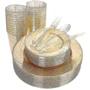 25 Guest Gold Plastic Plates, 150 Gold Glitter Disposable Cutlery Set Includes: 25 Dessert Plates, 25 Dinner Plates, 25 Cups, 25 Forks A919-809