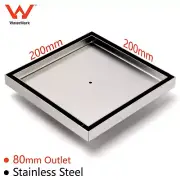 200mm Stainless Steel Tile Insert Floor Drain Square Shower Grate 80mm Outlet