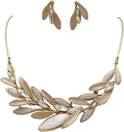 [Rosemarie & Jubalee] Women's Stunning Textured Chevron Leaves Ivory And Cream Enamel Lucite With Marquis Crystal Rhinestones Necklace And Earrings Polished Gold Tone Bridal Jewelry Gift Set, 13"+3"