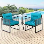 [ALFORDSON] Outdoor Patio Bistro Set 3PCs UV-Resistant Black Blue, 2X Armchairs & R60x70cm Dining Table Steel Frame Conversation Set, Lounge Sofa Chair & Side Coffee Table with Water-Resistant Cushions