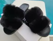 Fullmoon15 by Bamboo, Furry Double Strap Slide In Sandals Faux Fur Size 7.5 Blk