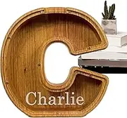 Personalized Letters Wooden Piggy Bank, Letters Coin Bank Money Box with Clear Alphabet Stickers, Lovely Alphabet Initial Letters Piggy Banks for Kids Boys Girls, Clear Money Box
