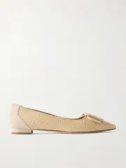 [Manolo Blahnik] Manolo Blahnik - Maysale Suede-trimmed Raffia Point-toe Flats - Cream - IT40 IT 40 Cream