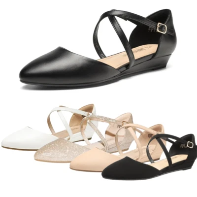 Women Low Wedge Heel Pointed Toe Ankle Strap Slip On Casual Dress Flat Shoes