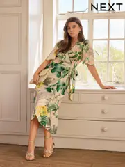 Kew Collection Green Floral Flutter Sleeve Wrap Midi Dress (F04442) | $83