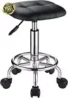 Square PU Cushion Rolling Stool with Wheels Height Adjustable Swivel Chair Black