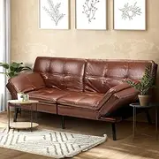 Oikiture Sofa Bed 3 Seater Lounge Sofa with 3 Adjustable Backrest Position and 4 Angle Adjustable Armrests PU Leather Sofa Couch 250kg Capacity Brown