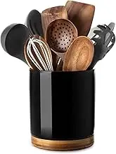 Nucookery 360° Rotating Utensil Holder, 7.2" Large Utensil Crock, White Ceramic Cooking Utensil Organizer with Countertop-Protection Cork Bottom for Farmhouse Kitchen Decor Gift (Black)