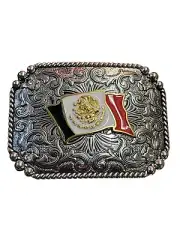 Cowboy Belt Buckle For Man - Mexican Flag 4 1/4"x3 1/8" Silver Tone/Gold