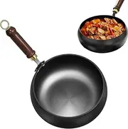 Cast Iron Wok | 28cm Frying Pan with Wooden Handle | Uncoated Hand Forged Big Belly Pot | Household Restaurant Heat-Resistant Iron Cookware for Beef, Chicken, Pork, Vegetables, Mushroom