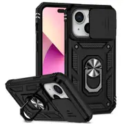 For iPhone 15 Case Tough Slide Camera Cover Magnetic Ring Holder Black