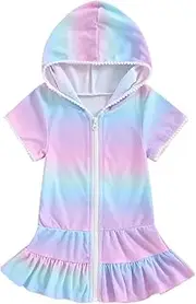 [Generic] Girl Colors Print Dress Girl Swim Cover Up Towel Swimsuit Wraps Zip Up Bathing Suit Robe Pool Beach Cover Up Flower Party Travel Seaside Beach Dress with Front Zip Up