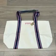 PINK VICTORIAS SECRET Tan Pink Blue Stripe Canvas Beach Tote Travel Bag One Size