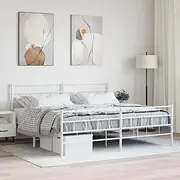 vidaXL Metal Bed Frame with Headboard, Footboard, Robust Powder-Coated Steel Construct, King Size 183x203 cm, White, Extra Storage Space, Elegant and Timeless Design
