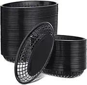 Potchen 100 Pcs Fast Food Baskets 8.9 x 5.5 Inch Plastic Baskets for Food Black Chip Tray Reusable Bread Fry Oval Serving Tray for Restaurant Supplies Hot Dog Deli Serving Chicken