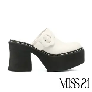 穆勒鞋 MISS 21 精緻萌感花花飾釦大頭高跟厚底穆勒拖鞋－白