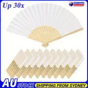 UP 30x DIY White Blank Folding Bamboo Fan Foldable Hand Paper Fan Party Decor AU