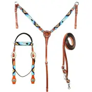 western Leather Equestrian Tooled Beaded Headstall,Breast Collar & Reins. (H064)