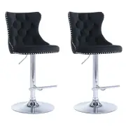 2x Height Adjustable Swivel Bar Stool Velvet Studs Barstool with Footrest and Chromed Base- Black