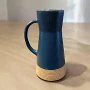 Crate & Barrel Taper Candle Holder Sibely Handle Jug Ceramic Pottery Blue 6.5”