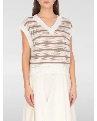 Brunello Cucinelli Knitted Sleeveless Sweater Mesh Design Women Ivory Waistcoats
