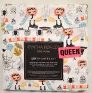 CYNTHIA ROWLEY Halloween QUEEN Size Sheet Set 4pc Black Cat Pumpkin Ghost Mummy