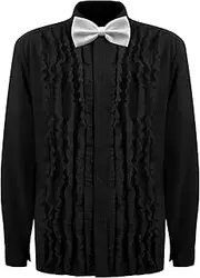 Mens Ruffled Tuxedo Shirt Retro 70s 80s Prom Ruche Frill Shirt Bowtie Button Down Long Sleeve Costume Shirts