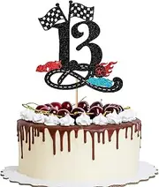 YQLXDHBD Race Car 13th Birthday Cake Topper,Glitter Fast Thirteen Cake Topper,Checkered Flag, Racing Track Child Thirteen Year Old Birthday,Boys Girls Checkered Flag Themed Party Supplies