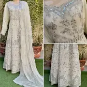 Pakistani Egg Shell White Long Maxi Style Embroidered Sequins Chiffon Dress,XL#2