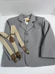 Boy's Peanut Butter Suit Jacket Gray Brown Suspender Blazer Tux Formal Wedding