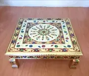15" Wooden Chowki, Minakari Work Stool, Pooja Chokwi, Multi Use Bajot Home Deocr