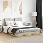 Queen Size Bed Frame with RGB LED Lights, Modern Headboard, Durable Engineered Wood, Plywood Slats, Sonoma Oak 150 x 200 cm, Ideal for Bedroom Furniture, No Mattress Included, Sturdy Base