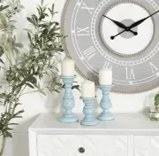 NIB - Set Of 3 - 6”, 8”, 10” Tall Wood Rustic Pillar Candle Holders, Light Blue