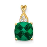 14K Yellow Gold Checkerboard Created Emerald and Real Diamond Pendant