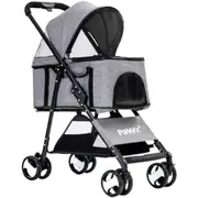 Travel Pushchair Foldable Pram 4 Wheels Grey, Dog Cat Trolley, Detachable Design Baby Pet Travel Stroller, Removable and Washable Padded