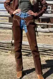 Western Cowgirl Suede Leather Leggings Chaps Handmade Studded Rough Out Pants