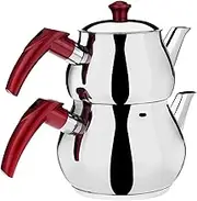 DESTALYA Turkish Teapot Set Stainless Steel | Double Tea Pots for Stove Top, Tea Maker with Handle | Samovar Style Self-Strained Tea Kettle | Water Heater Warmer (Midi with Red Handles)