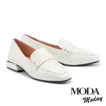 【MODA MODAY】復古輕奢毛呢拼接牛皮方頭樂福低跟鞋(白)