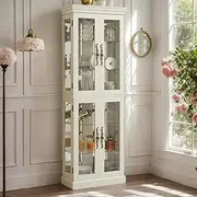 CKEASEAN Curio Cabinet 71" Lighted Glass Display Cabinet, Wooden China Cabinet with 6 Adjustable Shelves, Tempered Glass Doors, Light Bulb Included, Rack for Living Room (White)