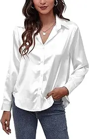 [KEOYA] Shirt for Women Long Sleeve Button Down Shirt Satin Blouse Tops Shiny Silk Like Shirt Office Work Business Blouse