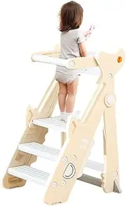 Kitchen Stool,Step Stool for Kids, Step Stool for Bathroom Sink Foldable Adjustable Height Kids Learning Stool Tower with Handles, Gray