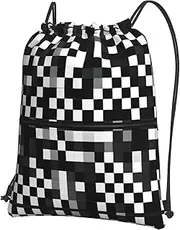 EdWal Black White Formula Checkered Pattern Print Drawstring Backpack Gym Bags Sports Bags With Zipper Pocket For Travel Swimming Beach, Black, One Size