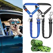 4 Piece Set Vehicle Harnesses, 2 in1 Dog Belts for Cars, Pet Harnesses Headrest Restraint Clip Adjustable Dog Car Harness Belt with Anti-Shock Elastic Bungee Buffer for All Vehicles