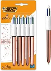 BIC 4 Colours Rose Gold Pen, Multi Coloured Pens All In One, Retractable Ballpoint Pen, Medium 1.0mm, Green, Blue, Red, Black, 5 Pens Per Pack, 1 Pack