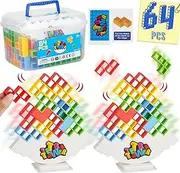 WOWNOVA 64PCS Deluxe Tetra Tower Game for Family Game Night, Balance Stacking Blocks Tower Board Game for Fun Party Games, Stack Attack Game for Kids & Adults, with Prize Wheel&Cute Clear Storage Box