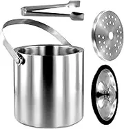 Stainless Steel Ice Bucket with Lid Strainer Tong Double Walled Insulated Ice Bucket Container Good Sealing Ice Cube Bucket with Silicone Cover for Cocktail Bar and Parties (3L)