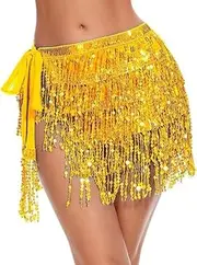 [PPGGOPP] Sequin Tassel Skirt, Women's Belly Dance Skirt Costume Sequins, Skirt with Sequins, Glitter Skirt, Warp Sequins Fringe Skirt, gold, 20-23
